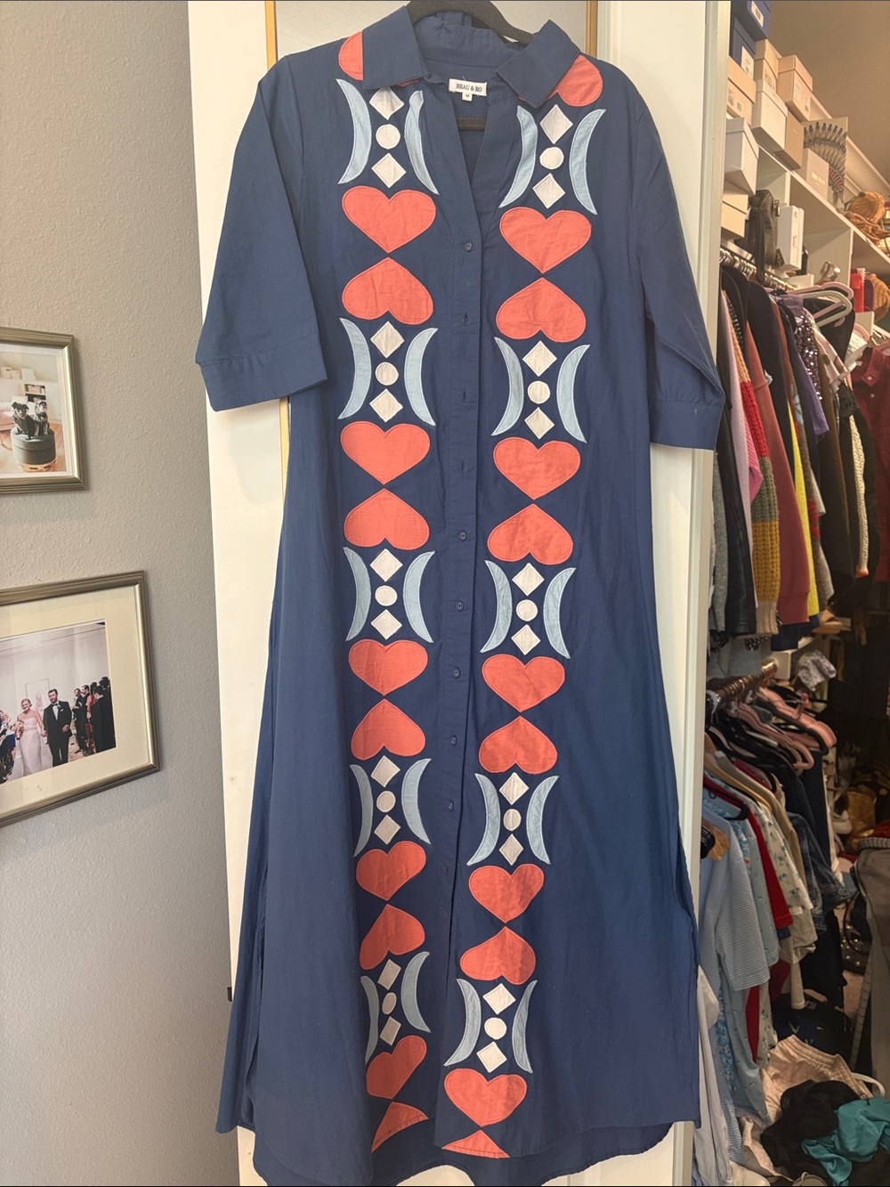 Navy Maxi Shirt Dress with Coral Heart Embroidery